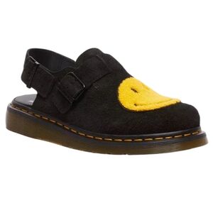 Dr. Martens Black Suede Slingback Clog with Yellow Smiley Patch